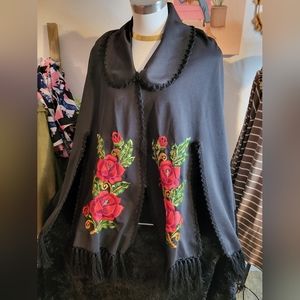Vintage floral and black poncho